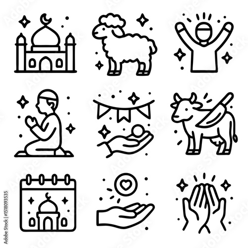 Eid al adha nine black and white line drawings depict Muslim holiday symbols. Ideal for digital and print designs celebrating Eid.