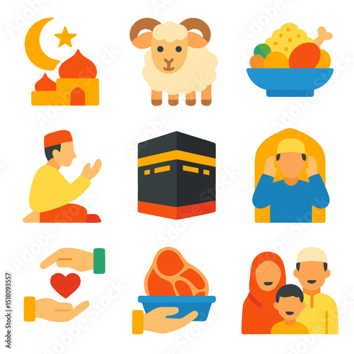 Eid al Adha icons for the Islamic holy month of Ramadan. Suitable for religious websites, educational materials, or cultural presentations.