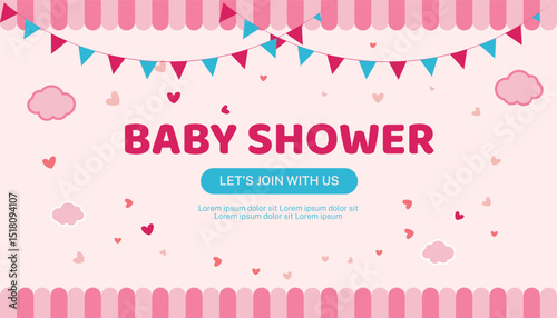 Colorful baby shower invitation template featuring bunting flags, hearts, clouds, and playful typography. It is ideal for baby announcements, event invites, and celebration cards.