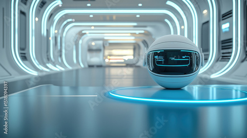 Futuristic robot sphere in unoccupied high tech corridor with glowing blue lights, modern and clean atmosphere