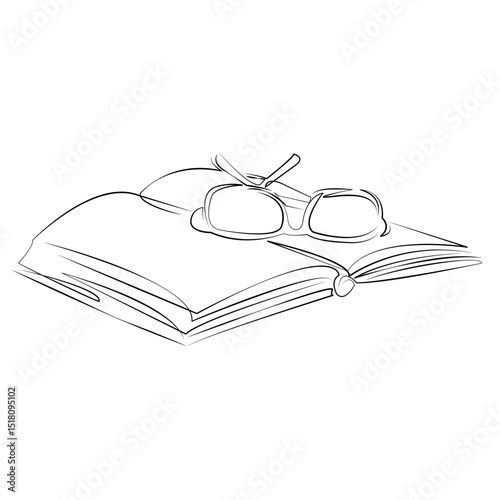 One continuous line drawing on white isolated background. Minimalism linear illustration. book, page, goggles, open, literature, education, reading, study, cognition, paper