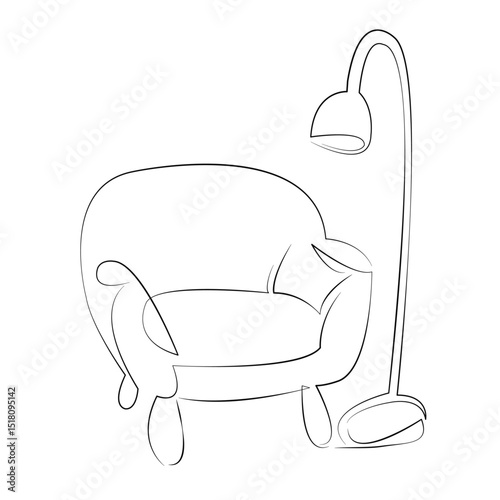 One continuous line drawing on white isolated background. Minimalism linear illustration. chair, furniture, design, living room, indoor, lamp, interior, modern, house, apartment