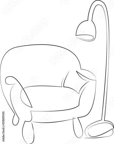 One continuous line drawing on white isolated background. Minimalism linear illustration. chair, furniture, design, living room, indoor, lamp, interior, modern, house, apartment