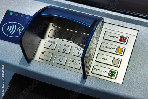 Detail of an ATM keypad and operation buttons used for secure digital transactions in German language.
