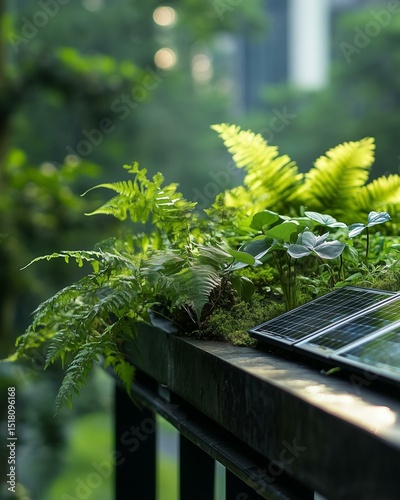 Renewable energy initiative urban greenery and solar panels cityscape nature photography eco-friendly environment close-up view