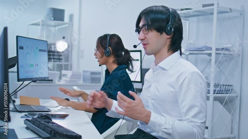 Diverse Male, Female Customer Service Operators working at call center. Group of Customer Care service employee with headset on call with client talking, online advice, telemarketing, CRM Marketing.