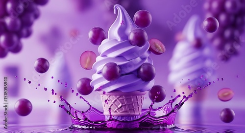 Purple Grape Ice Cream Cone with Splashing Juice and Floating Grapes