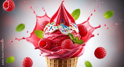 Raspberry Ice Cream Cone with Sprinkles and Mint in a Pink Splash