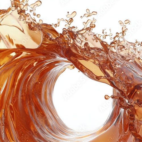 A stunning wave of swirling amber liquid splashes and cascades, captu the dynamic movement and transparency of the fluid against a clean white backdrop.