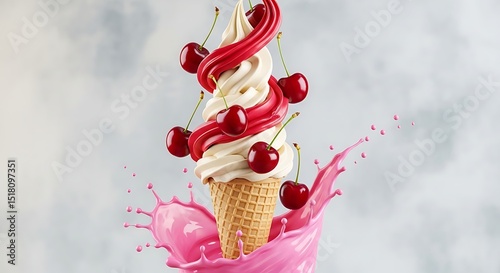 Swirled Cherry Soft Serve Ice Cream Cone with Pink Splash