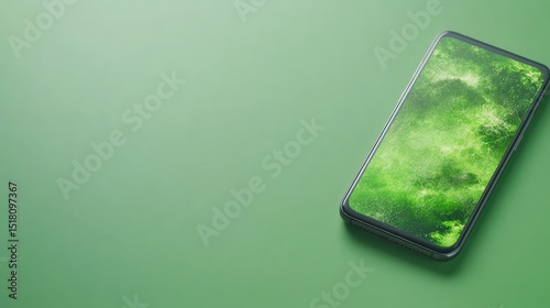 Smartphone displaying a vibrant green landscape