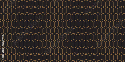 Black graphite background with golden light lines. Geometric texture illustration. Grid pattern. Pure black banner wallpaper. Elegant carbon background.