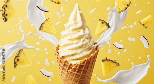 Tropical Pineapple Coconut Soft Serve Ice Cream Cone with Milk Splash