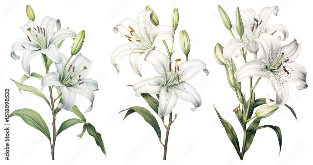 PNG Elegant white lily illustration, element set on transparent background PNG Elegant white lily illustration, element set on transparent background