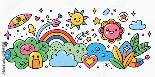Colorful cartoon doodle illustration with rainbow and happy elements