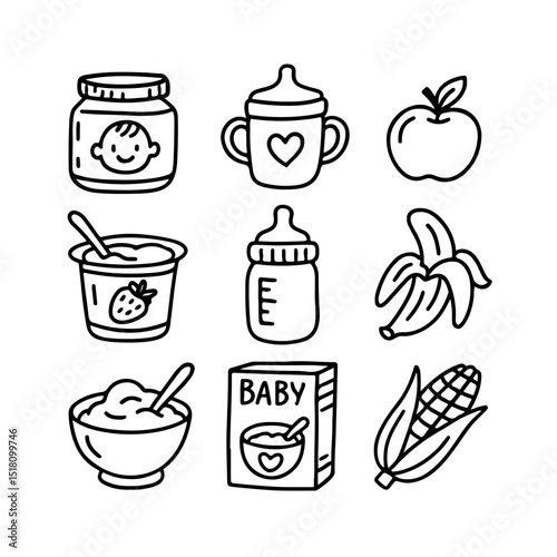 Vector illustration of hand-drawn baby food icons, featuring jars, bottles, and fruits. Perfect for packaging, educational materials, and parenting websites. Childcare, nutrition design.