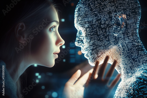 Young girl communicates with artificial intelligence in form of glowing digital code 3D human image