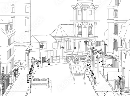 A drawing of a medieval city street with a bench and a lamp post. The street is empty and the buildings are tall