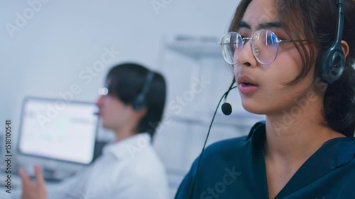 Indian woman technical support with headset talking to clients for customer service, online advice, telemarketing, CRM Marketing and helpdesk support in call center, Customer support and telesales.