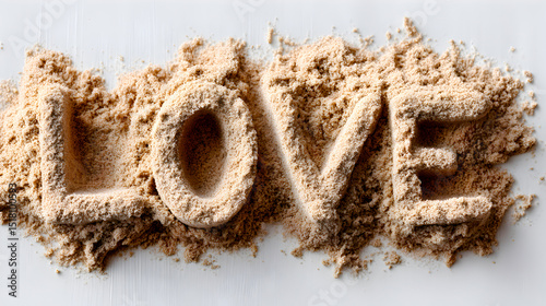 Sand texture forming the word love on a white surface, showcasing creativity and emotion through natural materials in a minimalist design. Selective focus