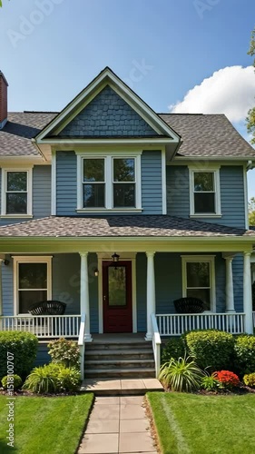A traditional suburban home with a large porch and a beautifully landscaped front yard, embodying the dream of home owners.