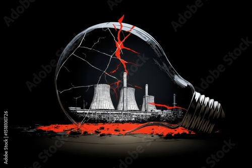 Blackout energy crisis symbolized by a cracking light bulb and an image of a power plant, power outage
