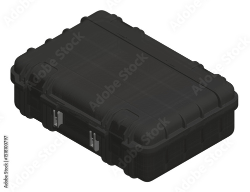 This illustration shows a rugged, black plastic toolbox with a secure latch and ergonomic design. The tool case features durable construction, rounded edges, and a sturdy handle for easy transport.
