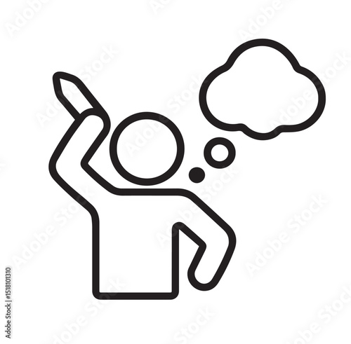 Creative Thinking Icon – Person with Pencil and Thought Cloud in Line Art
