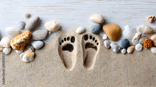 Footprints in soft sand surrounded by colorful seashells and smooth pebbles, creating a serene beach atmosphere with natural textures. Selective focus