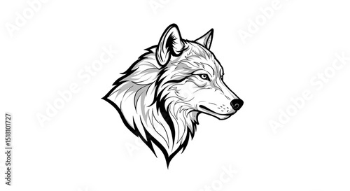 Detailed Black and White Illustration of a Wolf Head Profile