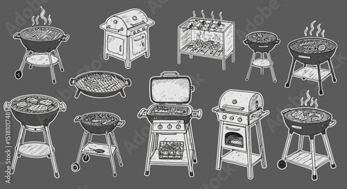Collection of Charcoal and Gas Grills with Food Smokers and Accessories