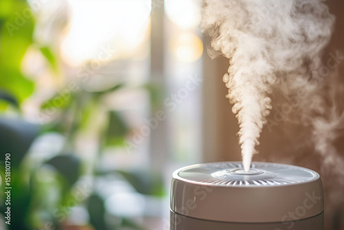 Humidifier evaporates water vapor in room with green potted plants during dry heating season