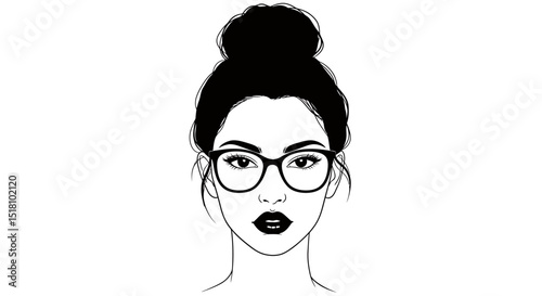 Line Art Portrait of a Woman with Bun Hairstyle and Glasses
