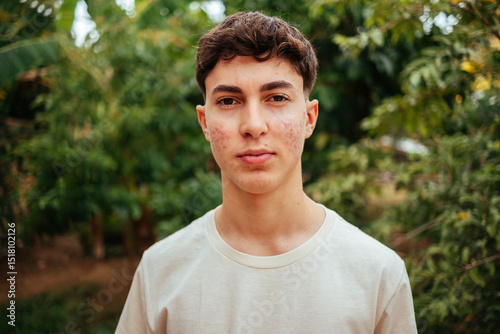 Portrait of a serious teenage boy with acne standing outdoors surrounded by greenery in a calm and natural setting