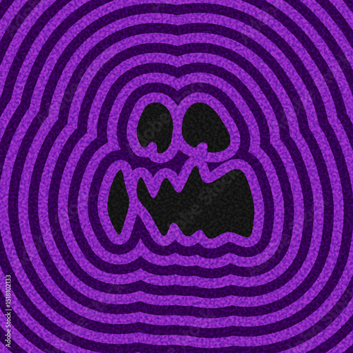 Halloween-inspired scary face over purple concentric rings. Vector illustration with bold and eerie style.