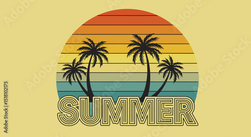Retro Summer Design with Palm Trees and Striped Sunset