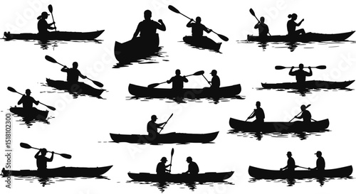 Silhouettes of People Canoeing and Kayaking on Water with Paddles