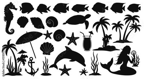 Silhouette Collection of Beach and Ocean Themed Elements