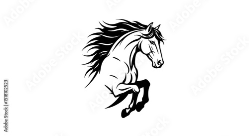 Black and White Illustration of a Rearing Horse with Flowing Mane