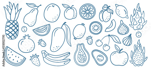 Hand-drawn doodle illustration of assorted fruits like pineapple, mango, and dragon fruit in blue line art, ideal for healthy eating, tropical themes, and food-related designs.