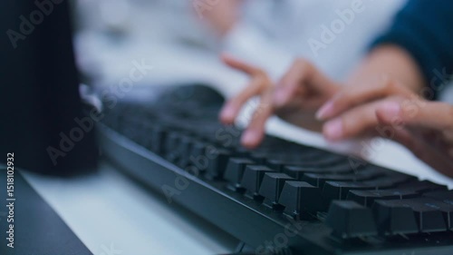 Close-up of Professional female software developer hand typing on keyboard, writing prompt, code on desktop computer Screen sit at desk in office. Professional woman programmer working.