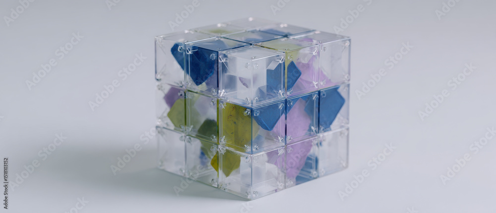 Fototapeta premium Transparent cube puzzle with colorful internal shapes