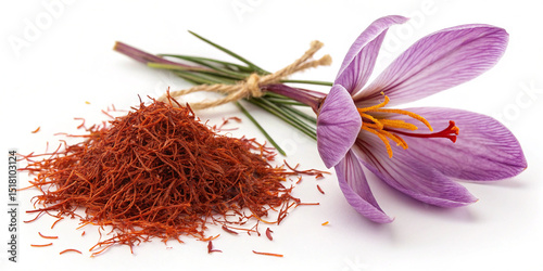 Heap of aromatic saffron spice threads with fresh purple crocus flower isolated on white background, luxurious culinary seasoning, gourmet cooking ingredient, exotic spice, natural flavor close-up