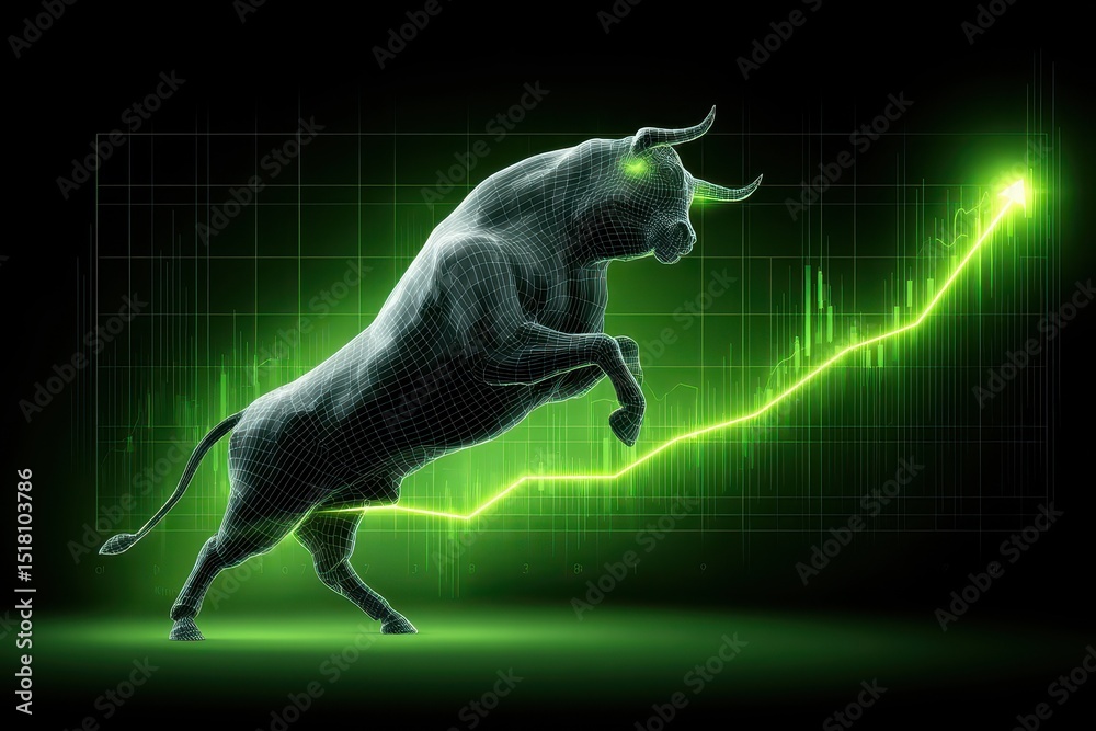 Obraz premium Bull symbol of bull market on financial stock exchange against green background of rising stock prices