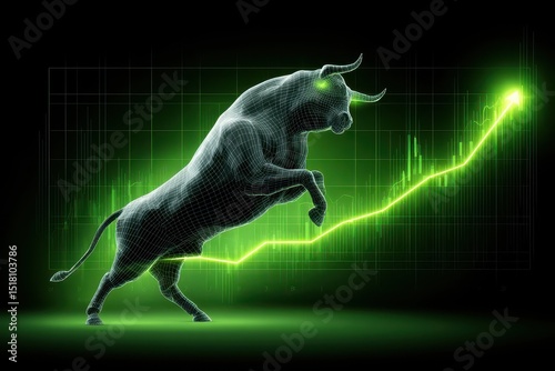 Bull symbol of bull market on financial stock exchange against green background of rising stock prices