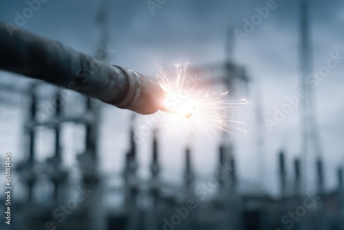 Broken and sparking electrical wire at a power plant symbolizes the energy crisis