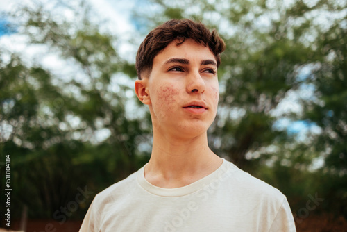 Teenage boy with acne and braces gazing thoughtfully into the distance while standing outdoors