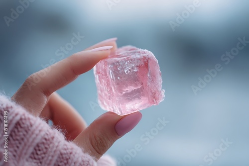 Hand Holding a Pink Ice Cube Against a Softly Blurred Background