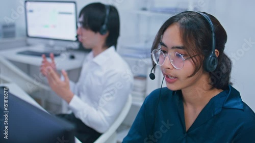 Indian woman technical support with headset talking to clients for customer service, online advice, telemarketing, CRM Marketing and helpdesk support in call center, Customer support and telesales.