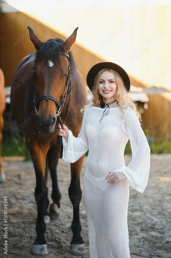 Obraz premium Portrait of beautiful blonde curl woman in dress, accessories with horse